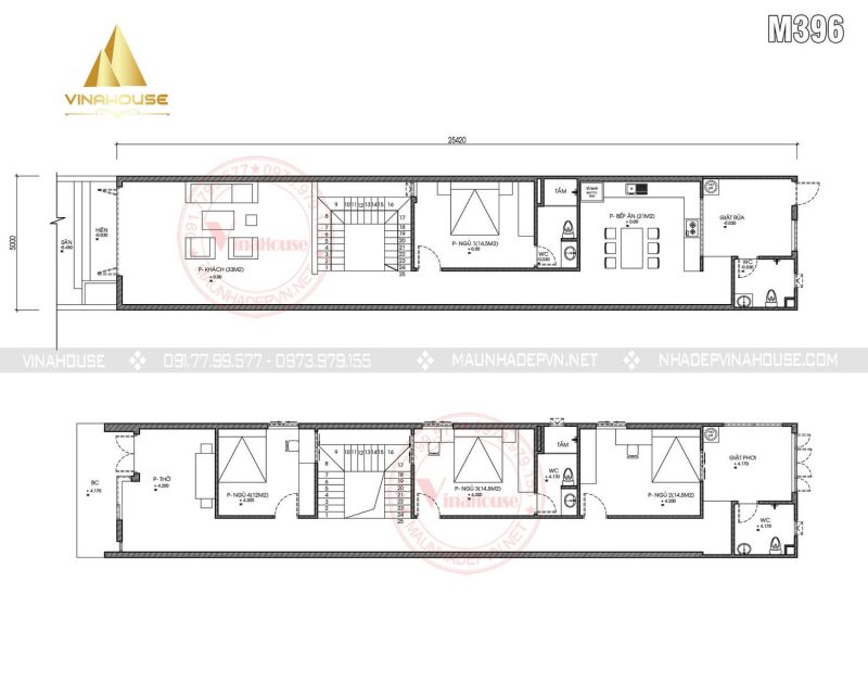 Bản vẽ thiết kế chi tiết mẫu nhà phố 2 tầng hiện đại 5x25 M396