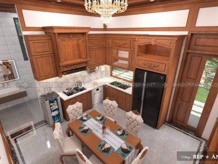 Gam màu nâu cam gỗ + trắng tạo nên cảm giác ấm áp cho căn bếp