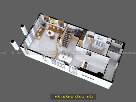 Mặt bằng tầng trệt của nhà mái nhật 2 tầng 4 phòng ngủ 7x15