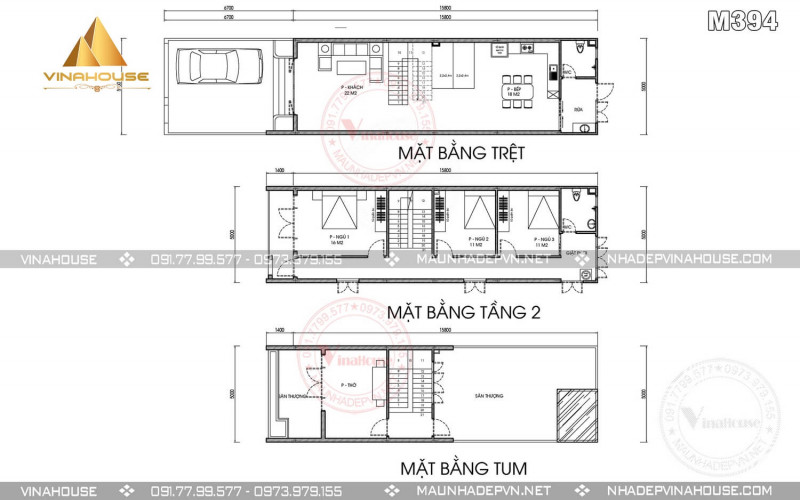 Bản vẽ thiết kế mẫu nhà phố 3 tầng hiện đại 5x16 M394