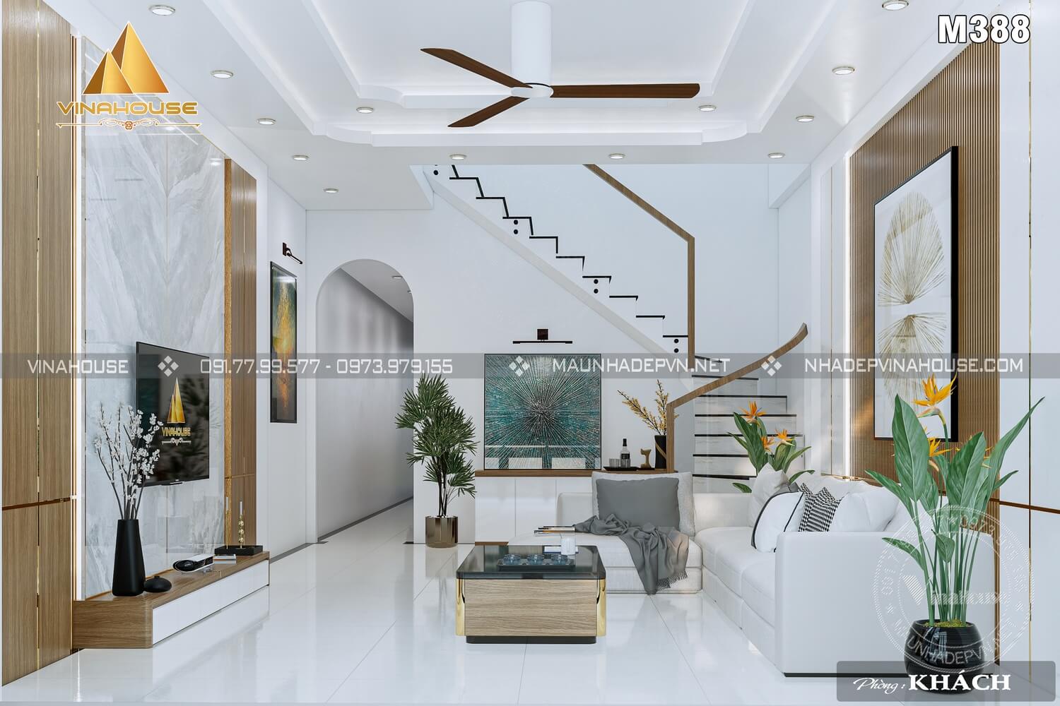 Phòng khách có màu trắng làm chủ đạo đơn giản, tinh tế