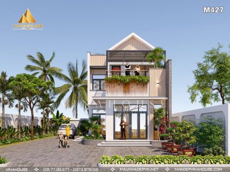 Phối cảnh 3D thiết kế nhà gác lửng hiện đại có ban công