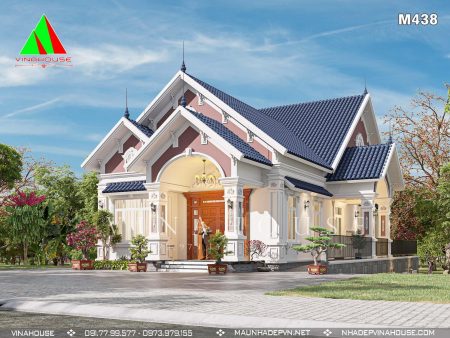 Phối cảnh 3D nhà cấp 4 mái thái tân cổ điển 4 phòng ngủ có tầng hầm 9x20 M438