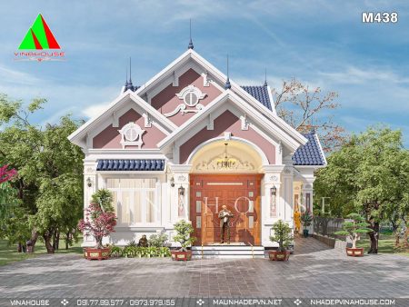 Phối cảnh 3D nhà cấp 4 mái thái tân cổ điển 4 phòng ngủ có tầng hầm 9x20 M438