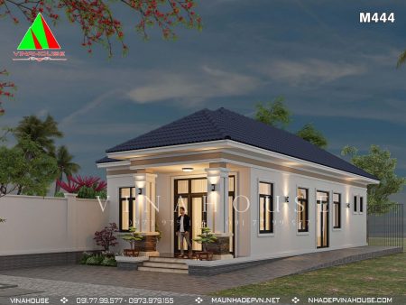 Phối cảnh 3D nhà cấp 4 mái nhật 100m2 có 3 phòng ngủ ở Kiên Giang M444