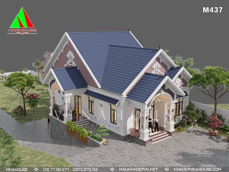 Phối cảnh 3D nhà cấp 4 mái thái 3 phòng ngủ có tầng hầm ở Bình Phước M437