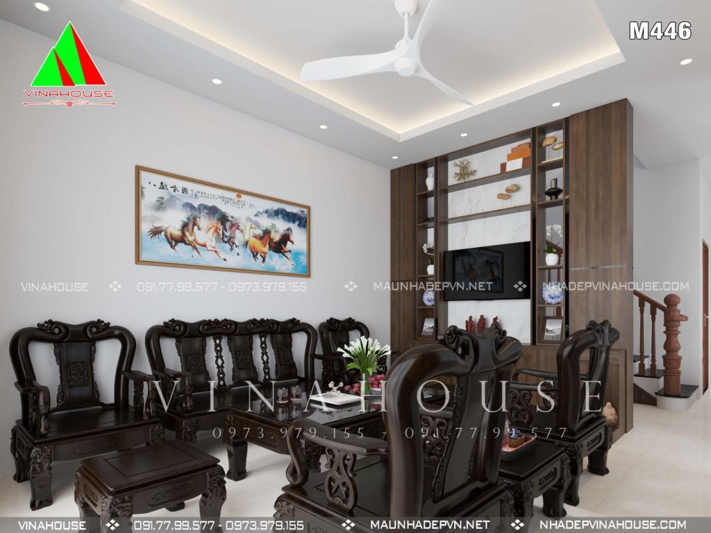 Phòng khách được thiết kế với phong cách cổ điển kết hợp hiện đại