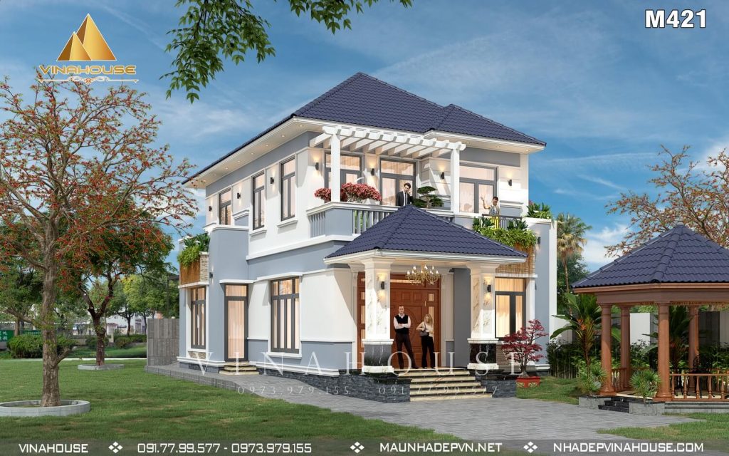 Phối cảnh 3D nhà 2 tầng mái nhật 8x13 có 3 phòng ngủ ở Trảng Dài M421