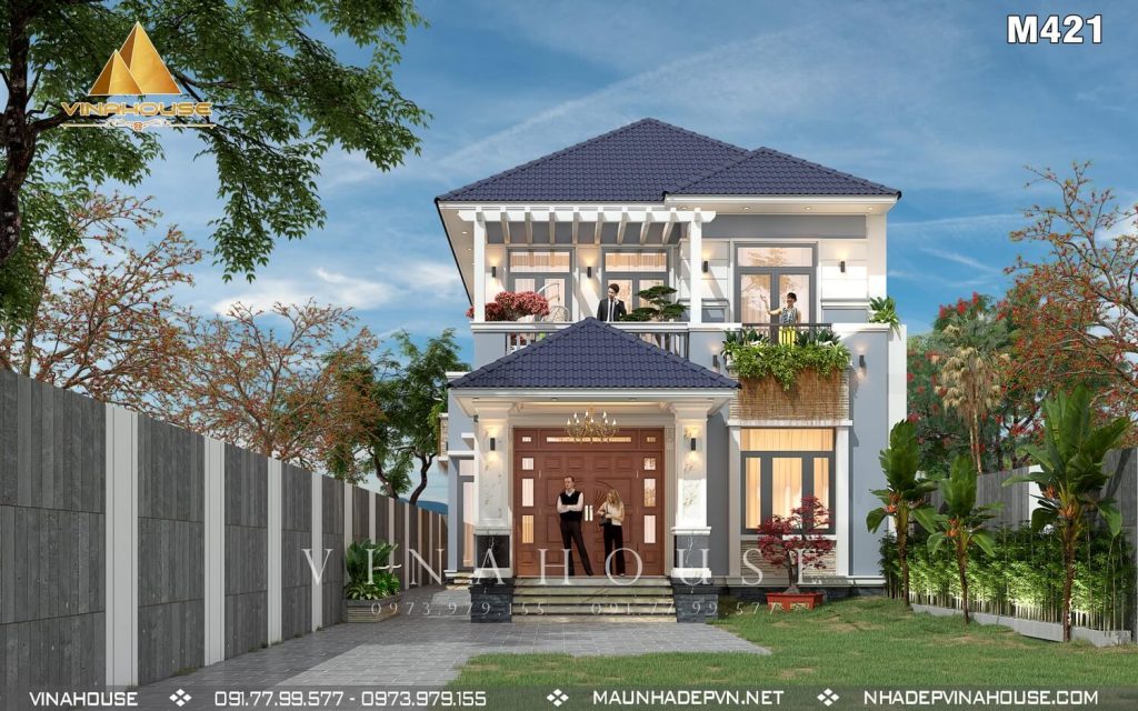 Phối cảnh 3D nhà 2 tầng mái nhật 8x13 có 3 phòng ngủ ở Trảng Dài M421