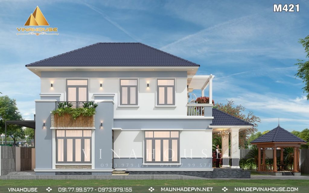 Phối cảnh 3D nhà 2 tầng mái nhật 8x13 có 3 phòng ngủ ở Trảng Dài M421