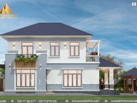 Phối cảnh 3D nhà 2 tầng mái nhật 8x13 có 3 phòng ngủ ở Trảng Dài M421