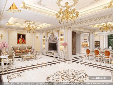 Thiết kế nội thất phòng khách tân cổ điển màu trắng
