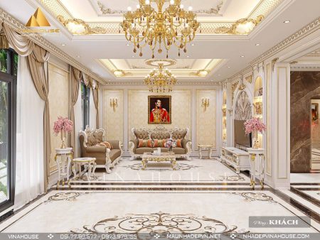 Thiết kế nội thất phòng khách tân cổ điển màu trắng