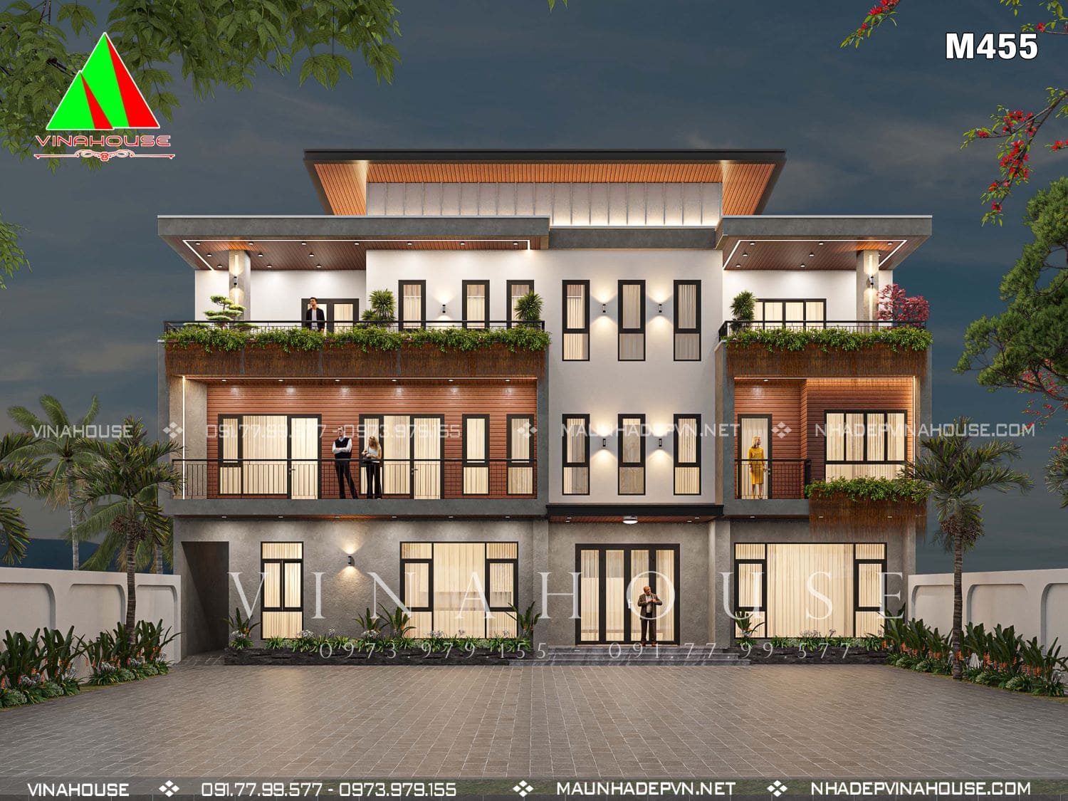 1_012x Phối cảnh 3D biệt thự phố hiện đại 3 tầng mặt tiền 20m ở Ba Vì
