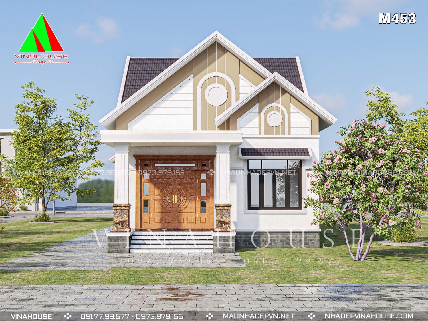 22x Phối cảnh 3D nhà cấp 4 mái Thái 3 phòng ngủ ở Thanh Hóa M453