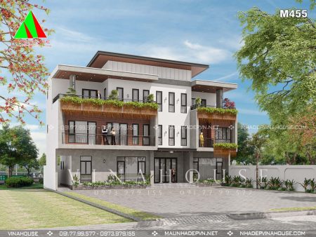 Phối cảnh 3D biệt thự phố hiện đại 3 tầng mặt tiền 20m ở Ba Vì