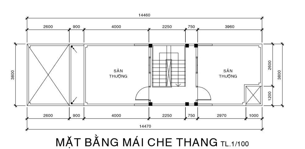 Mái che thang, hay còn gọi là sân thượng, bao gồm diện tích sàn trong nhà cùng với sân trước và sân sau