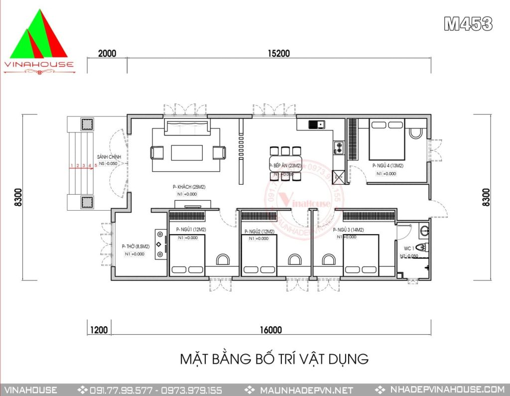 Mặt bằng công năng nhà cấp 4 mái Thái 3 phòng ngủ ở Thanh Hóa M453
