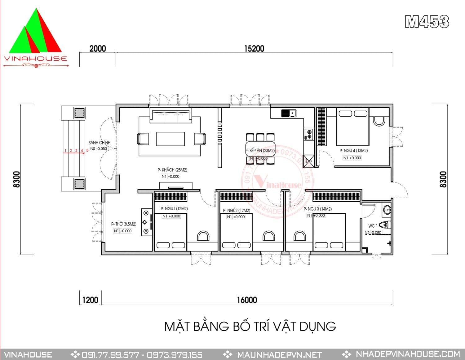trien khai nha duy-12x Mặt bằng công năng nhà cấp 4 mái Thái 3 phòng ngủ ở Thanh Hóa M453
