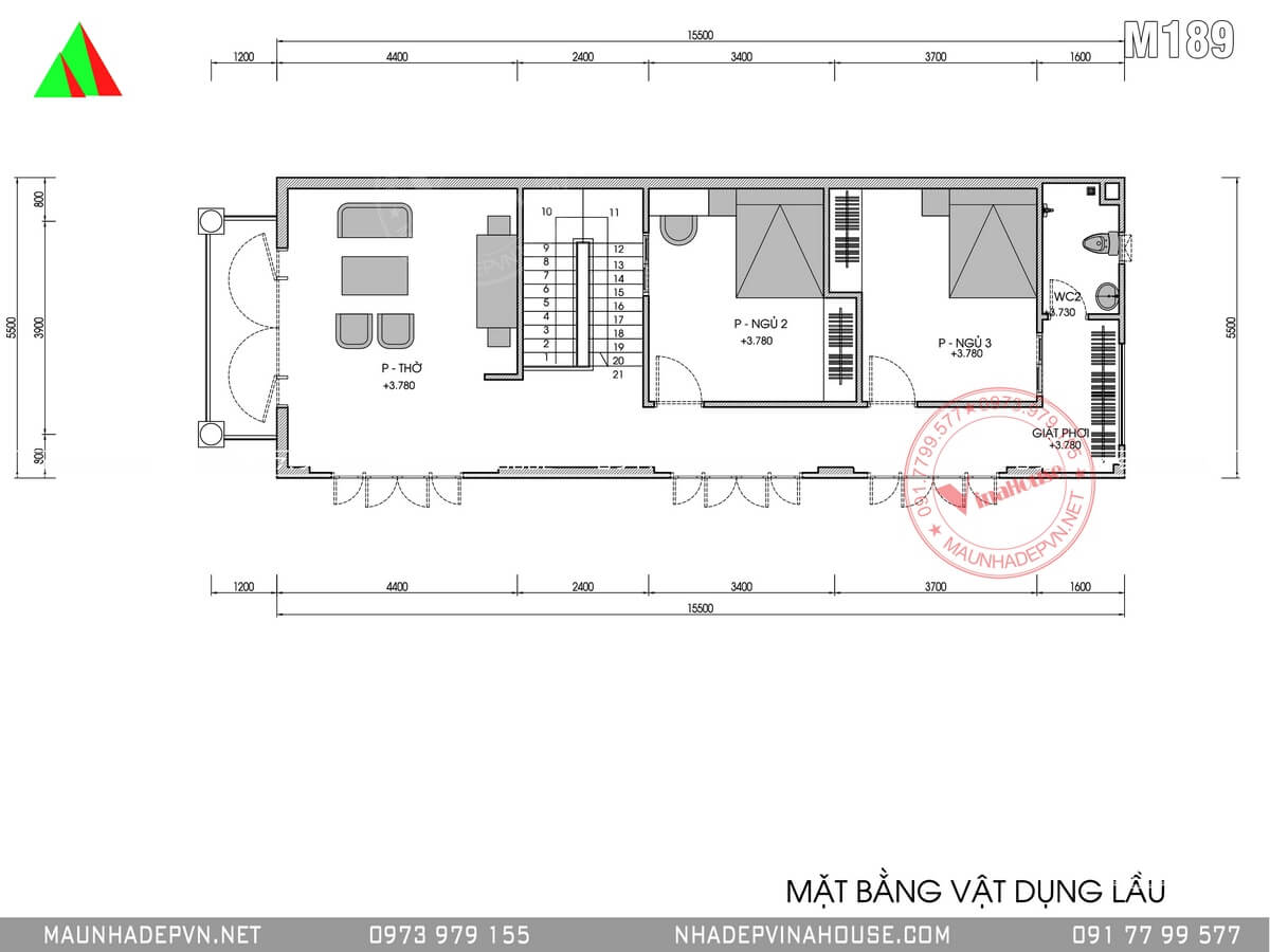 Bản vẽ mặt bằng tầng hai nhà 2 tầng 3 phòng ngủ