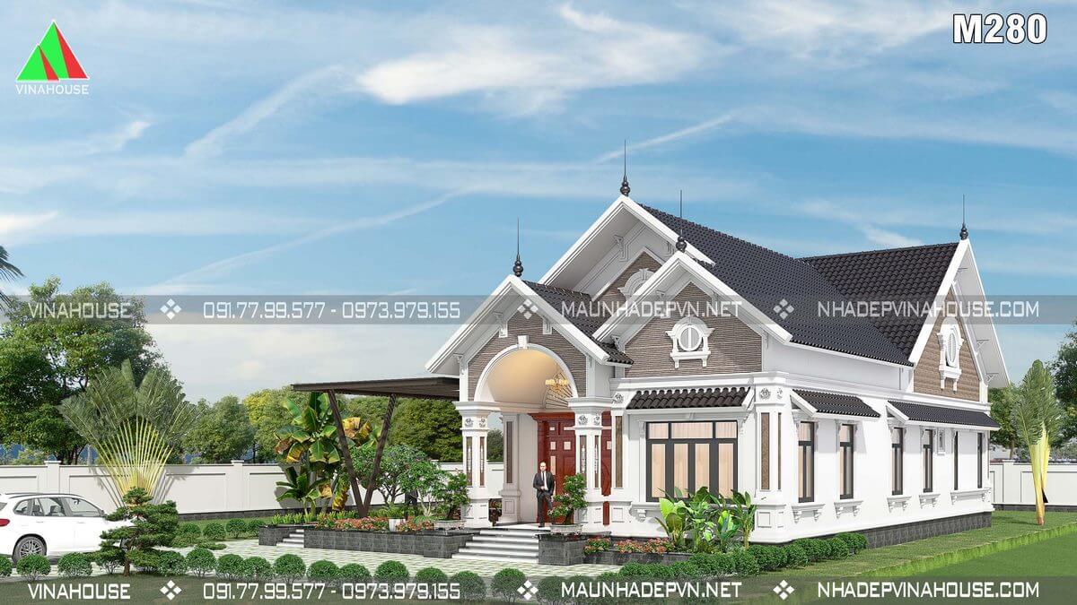 Mẫu biệt thự 1 tầng 4 phòng ngủ tân cổ điển mái thái M280 siêu sang