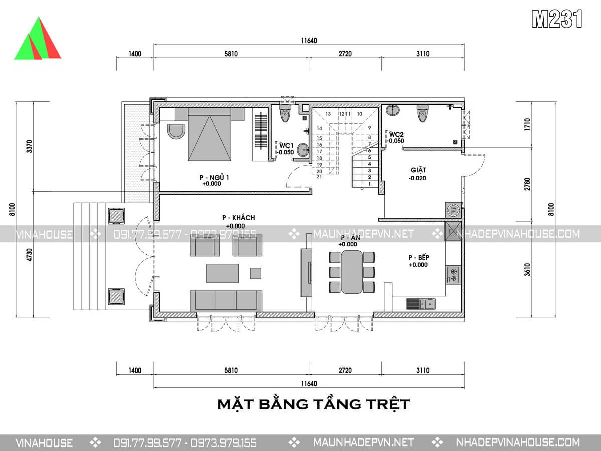 Mẫu nhà đẹp mái thái 2 tầng 3 phòng ngủ Long An M88