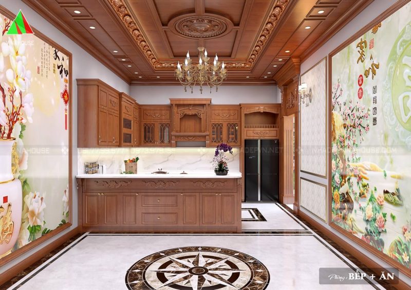 Thiết kế nội thất tân cổ điển phòng bếp ăn trần gỗ
